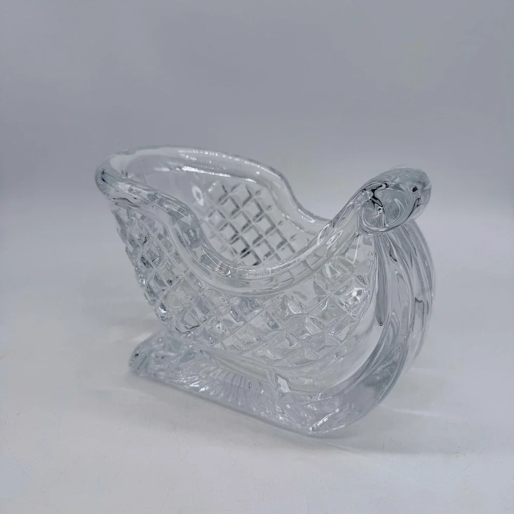 Clear Crystal Glass Christmas Sleigh Dish Diamond Quilted Holiday Candy Bowl